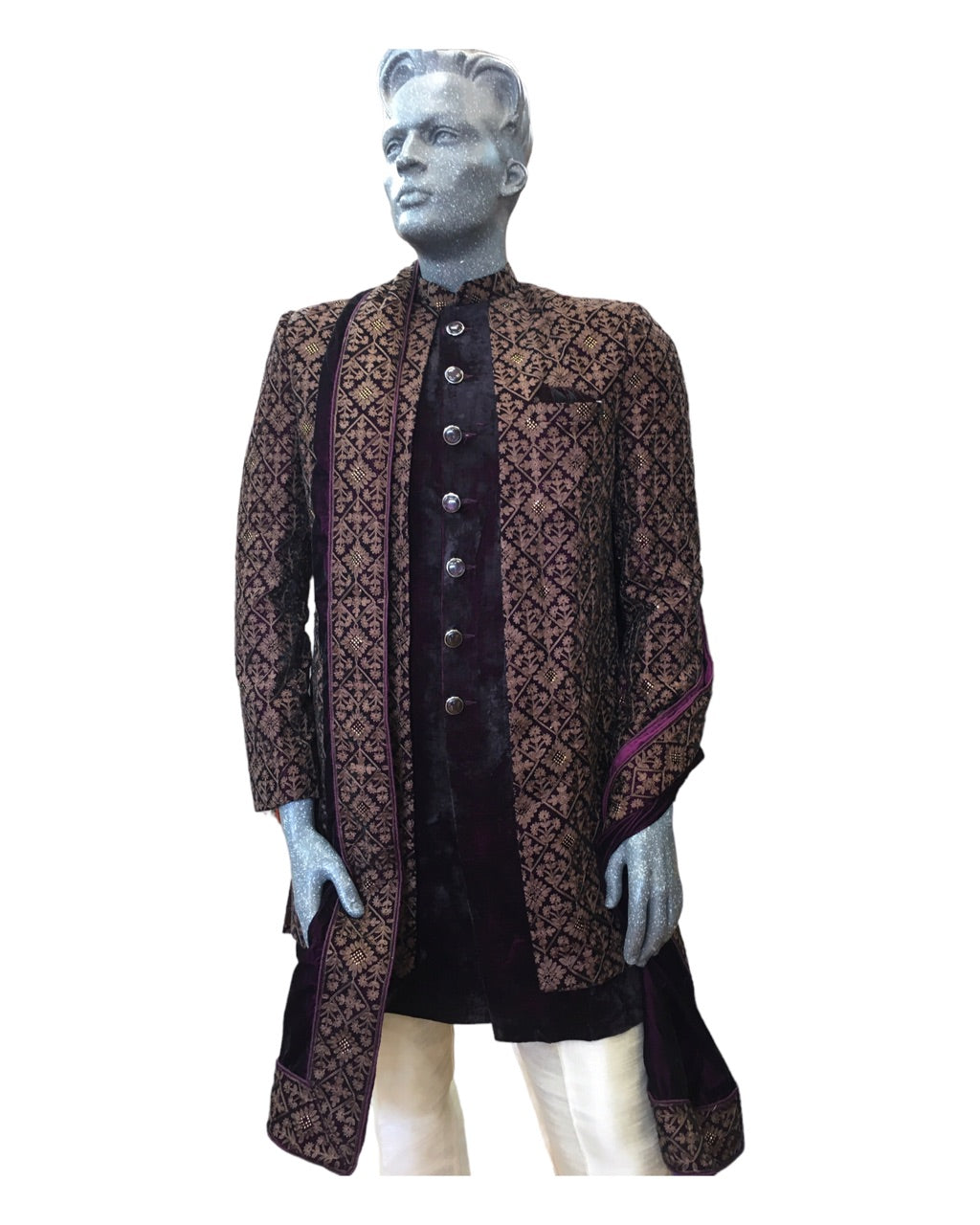 Wine / Maroon - Double Jacket Full Embroidery Sherwani with Trousers - SHU2305 CP 0523