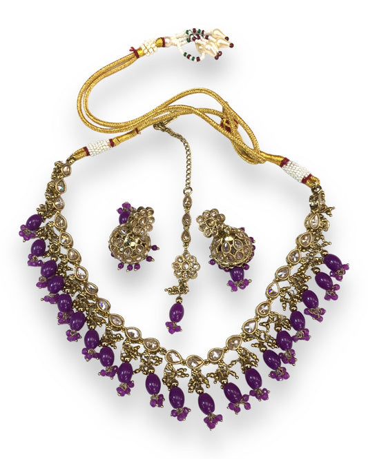 Purple - Antique Gold Finish Choker Necklace set - Bollywood - Weddings - HB972 KY 0523