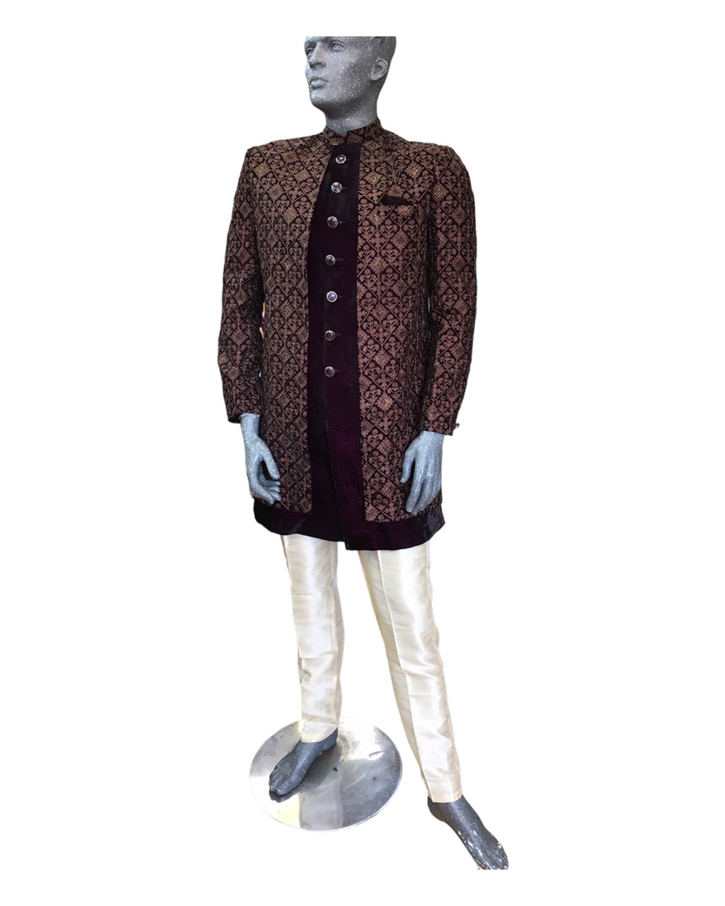 Wine / Maroon - Double Jacket Full Embroidery Sherwani with Trousers - SHU2305 CP 0523