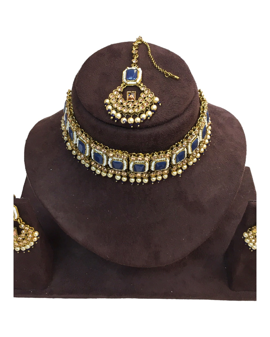 Blue - Antique Gold Finish Choker Necklace set - Bollywood - Weddings - MNA756 KY 0523