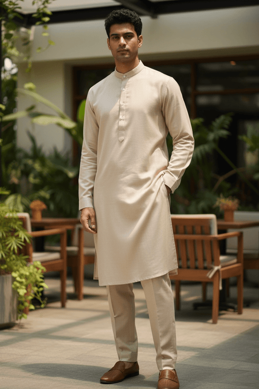 Leather Cotton Mens Indian Kurta set in Beige - for Sangeet, Mehndi, Eid Celebration (with smart trousers) - Prachy Creations