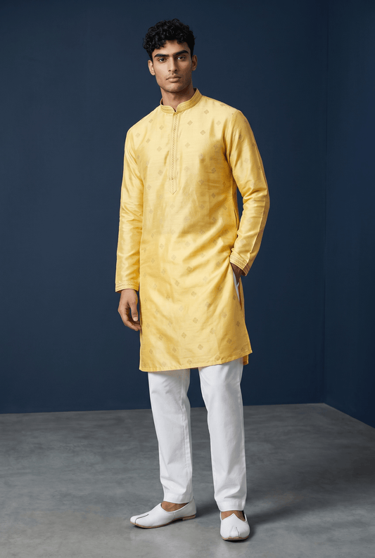 Lemon / Haldi Yellow - Banarasi Handloom Brocade Mens Indian Kurta set with Trousers - UK Stock - Weddings / Walimas , Sangeet, Diwali, Eid, Mehndi / Henna - VEE2629 VY - Prachy Creations