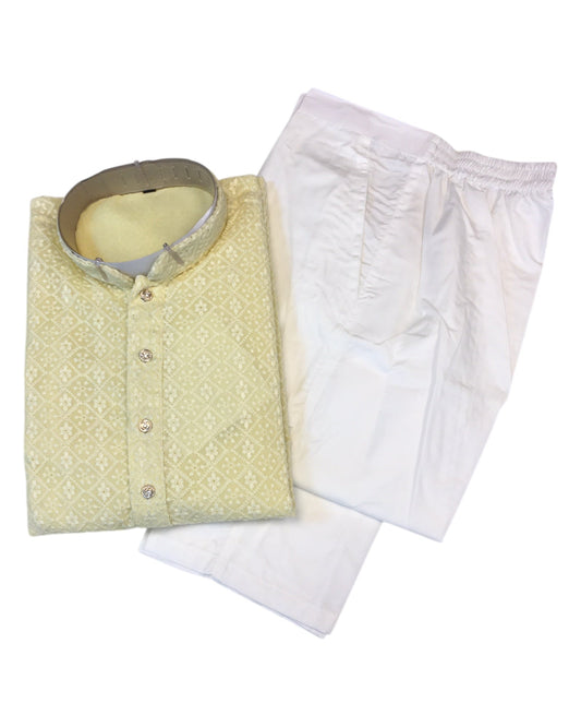 Lemon Light Yellow - Rich Lucknowi Mens Indian Kurta Set with Smart Pants - Weddings / Walimas , Sangeet, Eid, Mehndi / Henna - KCS1037 VR 0225 - Prachy Creations