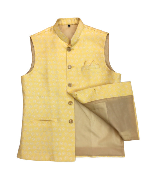 Lemon Yellow - Handloom Brocade Indian Mens Waistcoat / Bandi - Bollywood - CS2404 KV 0524 - Prachy Creations