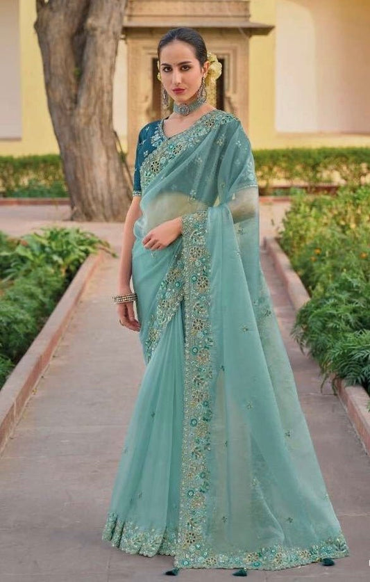 Light Blue - Chiffon Saree with Fancy Ready made Blouse - TAT6906 TH 0624 - Prachy Creations