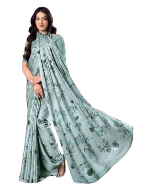Light Blue - Floral Printed - Satin Finish Saree with Blouse Piece - SUSFEL19001C 10KJ25 - Prachy Creations