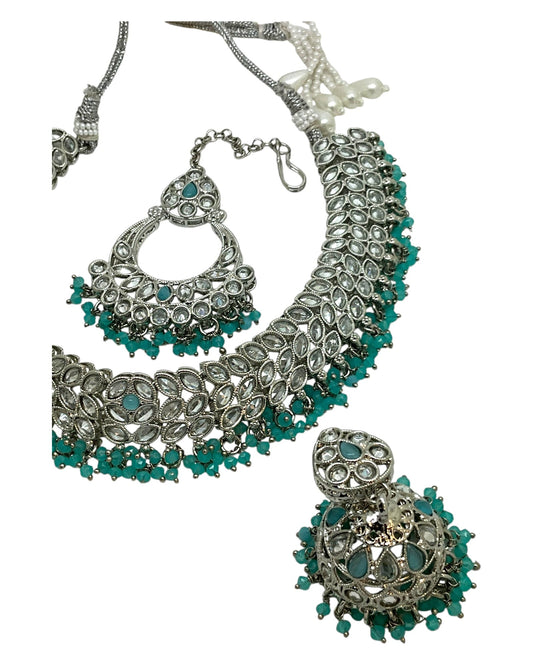 Light Blue - Large Size Silver Finish Necklace Set with Earrings & Tika (Head Piece) - UK Stock - GGA17 08KK25 - Prachy Creations