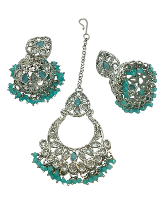 Light Blue - Large Size Silver Finish Necklace Set with Earrings & Tika (Head Piece) - UK Stock - GGA17 08KK25 - Prachy Creations