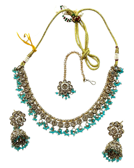 Light Blue - Medium Size Antique Gold Finish Necklace Set with Earrings & Head Piece - RAK417 08R25 - Prachy Creations
