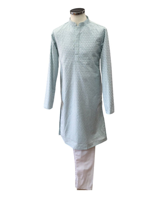 Light Blue - Rich Lucknowi Cotton Men's Churidar Kurta Set - YD2308 KH 0623 - Prachy Creations