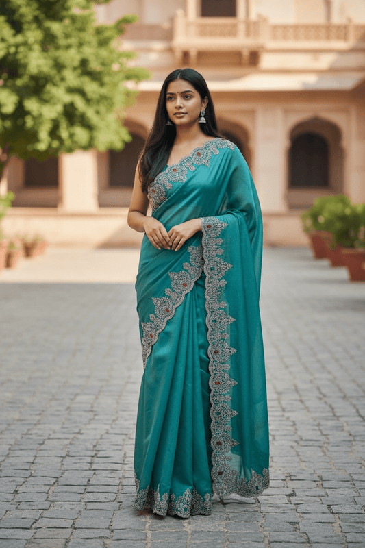 Light Blue - Rich Saree with Stone Work and Blouse Piece - UK stock - 24hr Dispatch - RS2502 TH - Prachy Creations