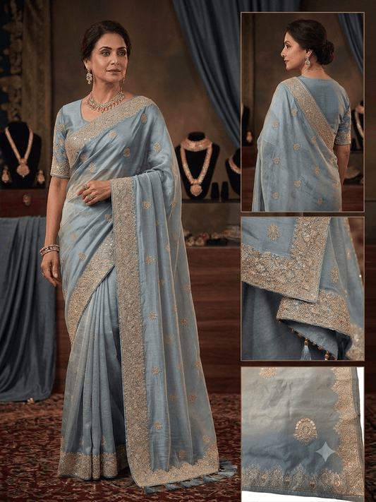 Light Blue - Saree with Thread / Stone Work and Blouse Piece - UK stock - 24hr Dispatch - SP2613 VY - Prachy Creations