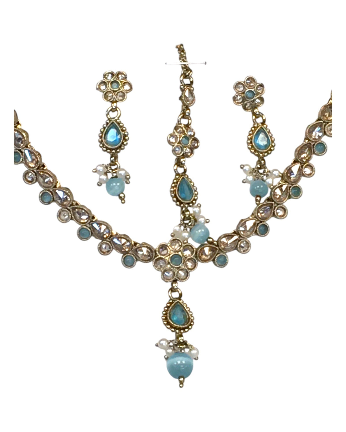 Light Blue - Small Size Antique Gold Finish Necklace Set with Earrings & Head Piece /Tika- SLV78 11Ap24 - Prachy Creations