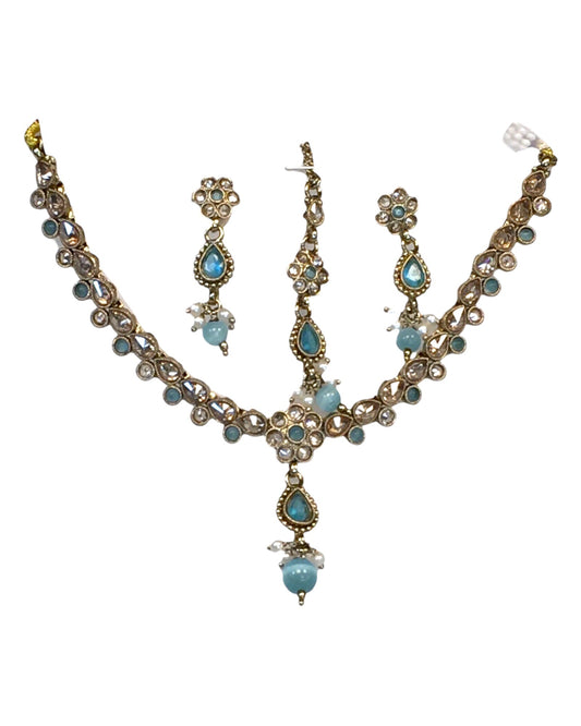 Light Blue - Small Size Antique Gold Finish Necklace Set with Earrings & Head Piece /Tika- SLV78 11Ap24 - Prachy Creations