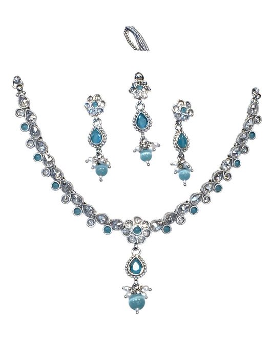 Light Blue - Small Size Silver Finish Necklace Set with Earrings & Head Piece /Tika- SLV78 11Ap24 - Prachy Creations