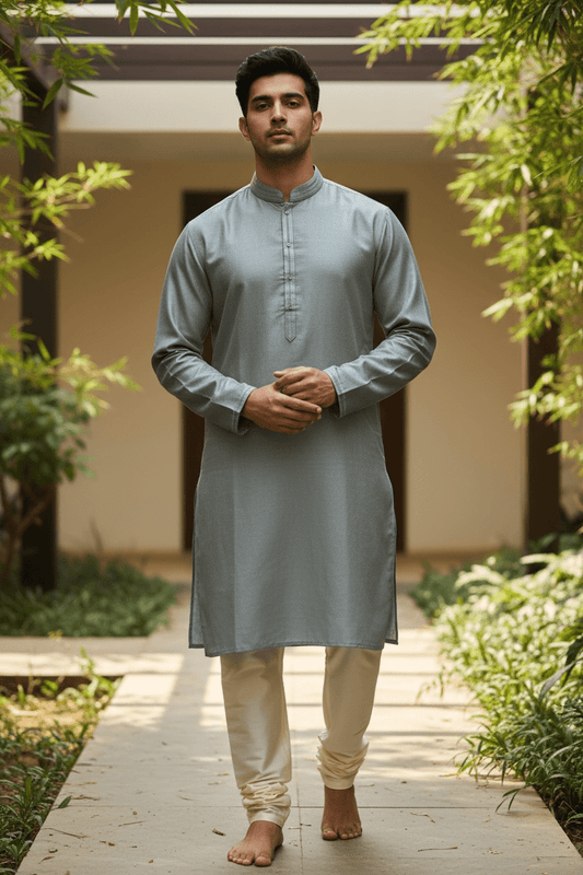 Light Bluish Grey - Silky Mens Indian Kurta set - UK Stock - Ideal to Pair with a Waistcoat - VEE2483 KH - Prachy Creations