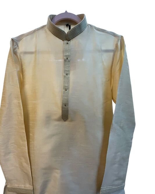 Light Gold / Cream - Silky Handloom Mens Indian Kurta set with Trousers - UK Stock - Weddings / Walimas , Sangeet, Diwali, Eid, Mehndi / Henna - VEE2529 KR - Prachy Creations