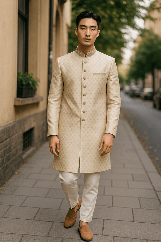 Light Gold - Hand Embroidered Banarasi Handloom Gold Brocade Sherwani with Gold Buttons - UK Stock - BS1028 08RC25 - Prachy Creations