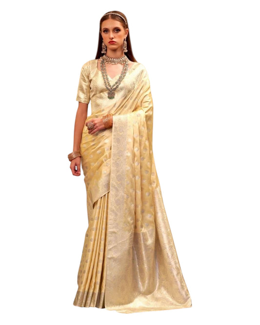 Light Gold - Handloom -Silky Banarasi Saree with Blouse Piece - SHEGOL275 10KH25 - Prachy Creations