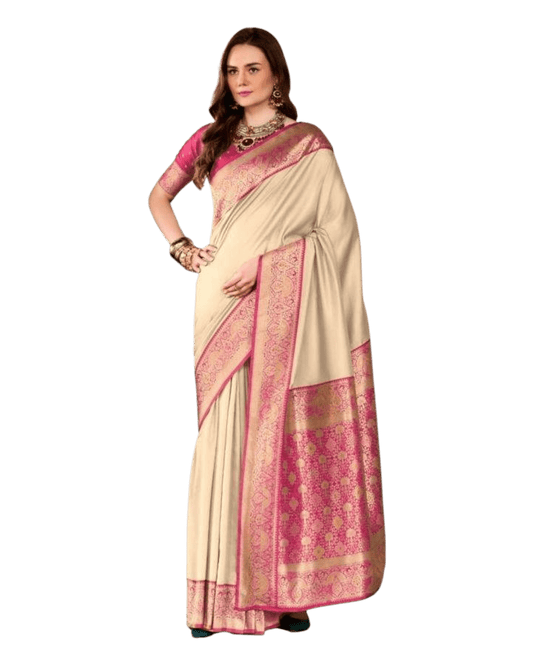 Light Gold - Silky Handloom Banarasi Saree with Blouse Piece - 12KH25 RP389 - Prachy Creations