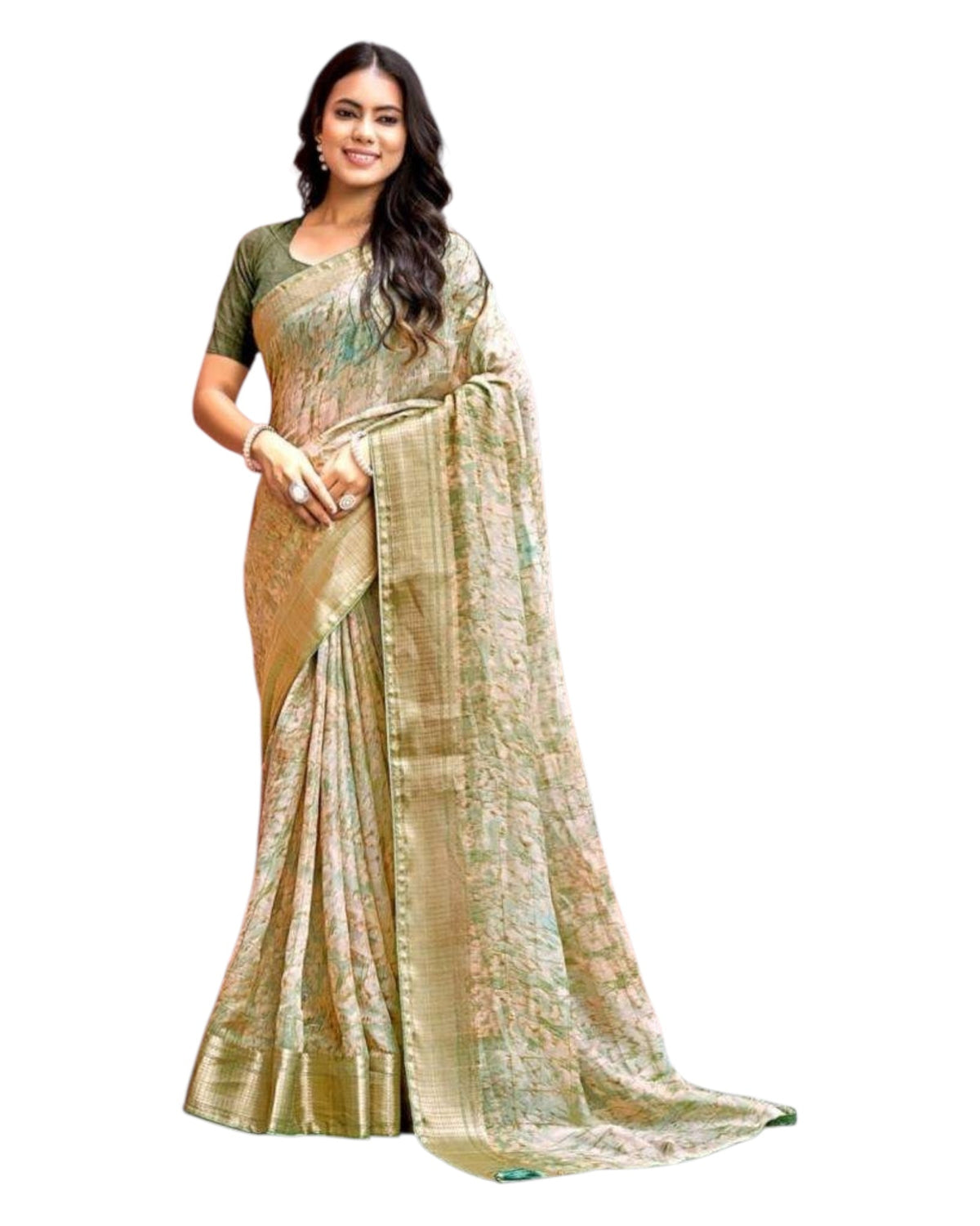 Light Green - Crepe Printed Saree with Blouse Piece - KASVRI 101 10KK25 - Prachy Creations