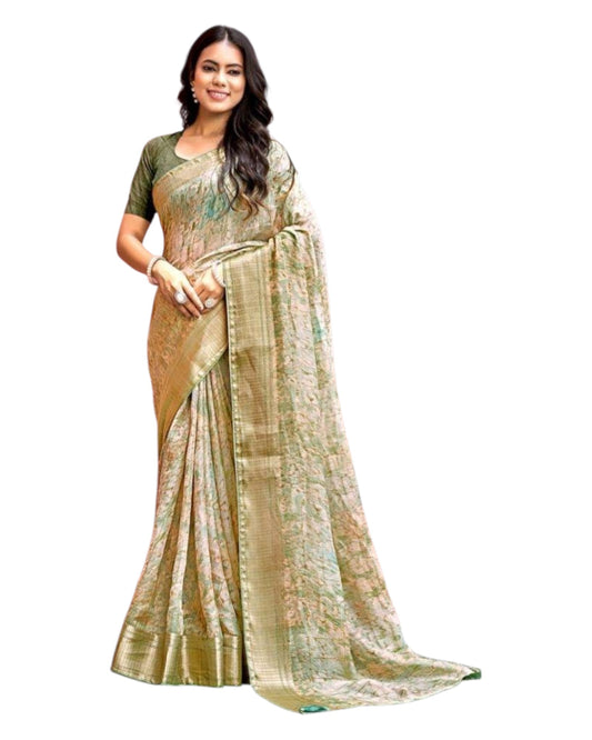 Light Green - Crepe Printed Saree with Blouse Piece - KASVRI 101 10KK25 - Prachy Creations