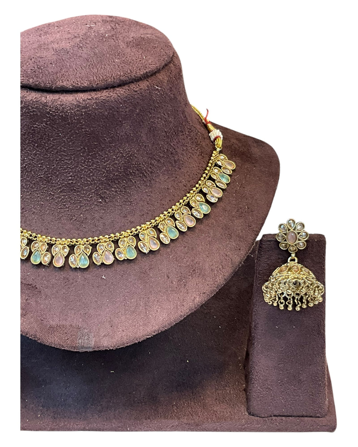 Light Green & Pink - Medium Size Antique Gold Finish Necklace Set - AE2508 H 0525 (Copy) - Prachy Creations
