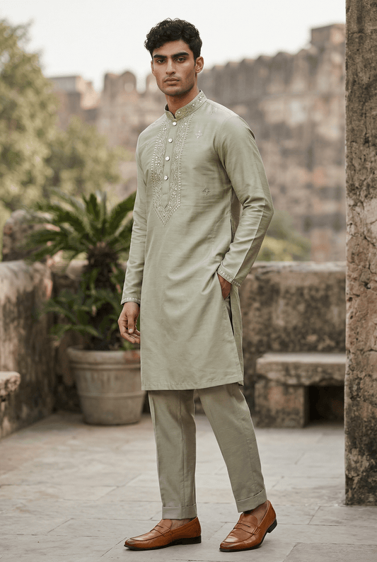 Light Green - Soft Threadwork Mens Indian Kurta Set - Weddings / Walimas , Sangeet, Eid, Mehndi / Henna - KCS1080 KC 0225 - Prachy Creations