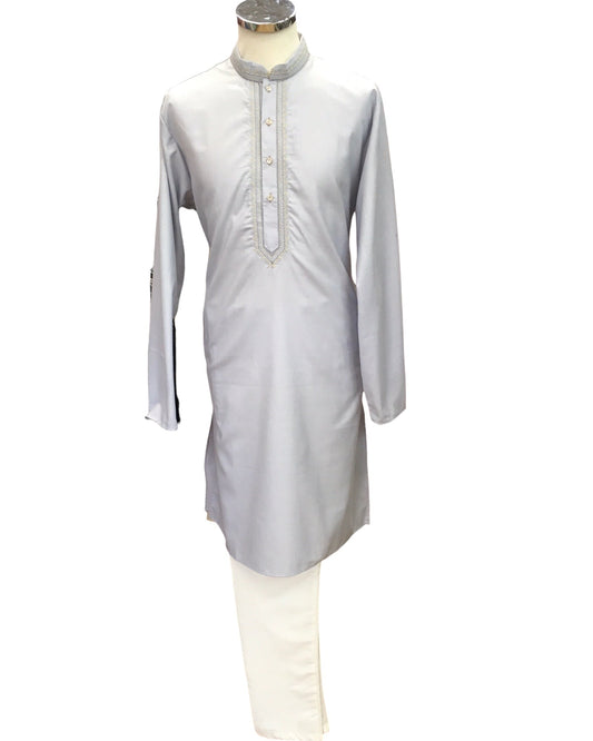 Light Grey - Cotton Mens Kurta Set with Thread Embroidery- Sangeet Mehendi Haldi - KCS1038 KV 1123 - Prachy Creations