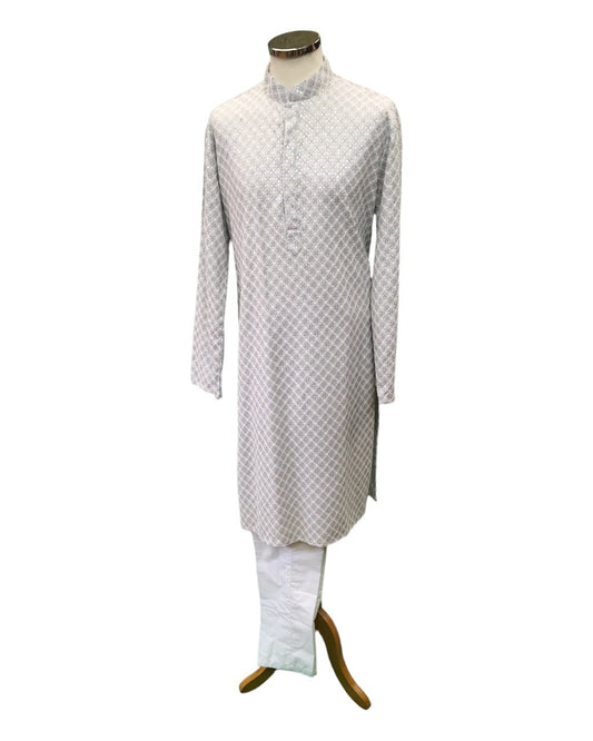 Light Grey Fully Embroidered Mens Kurta Set - UK Stock - 24h Dispatch - MAHARAV VA 0223 - Prachy Creations
