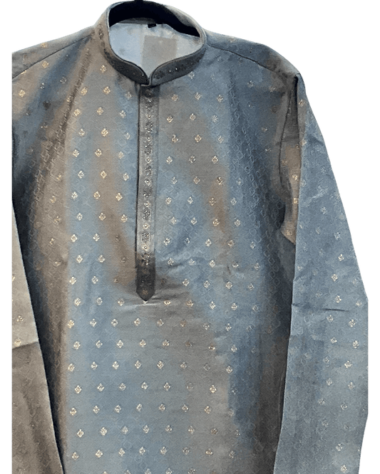 Light Grey / Silver - Men’s Embroidered Jacquard Kurta Set with Trousers - UK Stock - Weddings / Walimas , Sangeet, Diwali, Eid, Mehndi / Henna - VEE2777 KC - Prachy Creations