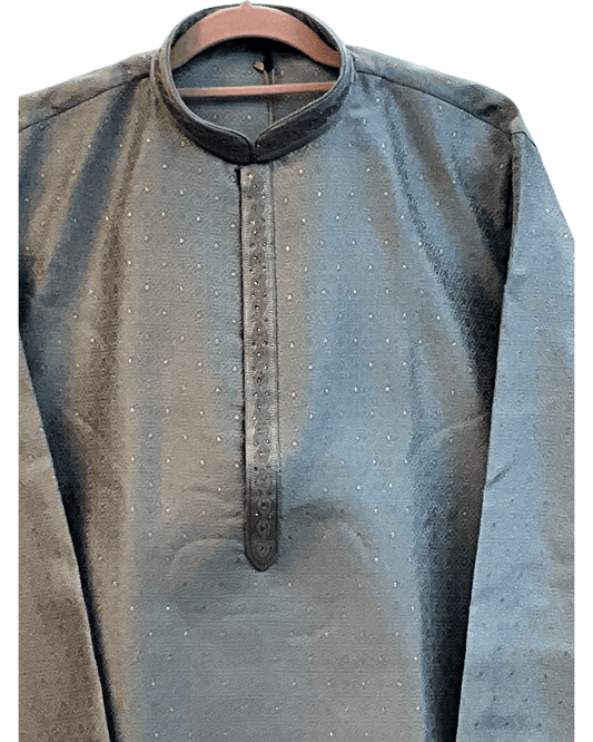 Light Grey / Silver - Men’s Embroidered Jacquard Kurta Set with Trousers - UK Stock - Weddings / Walimas , Sangeet, Diwali, Eid, Mehndi / Henna - VEE3010 KH - Prachy Creations