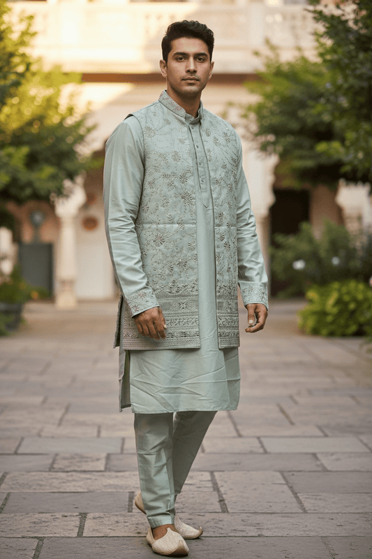 Light Grey / Silver - Mens Fully Embroidered Long Waistcoat with Rich Kurta set - KCS4853 03TH26 - Prachy Creations