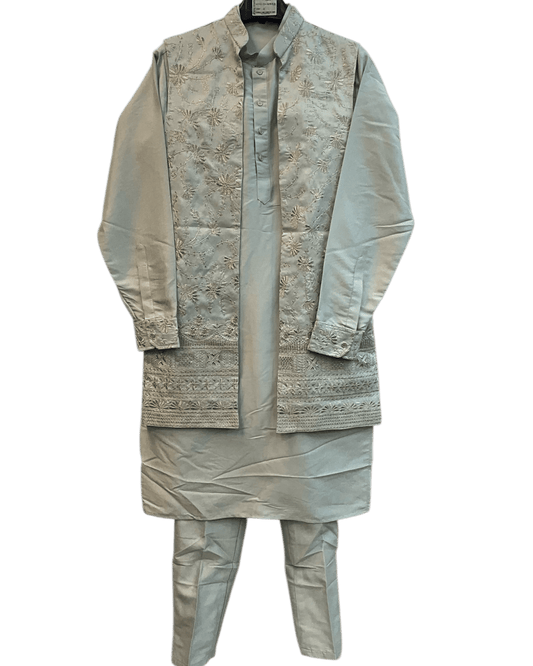 Light Grey / Silver - Mens Fully Embroidered Long Waistcoat with Rich Kurta set - KCS4853 03TH26 - Prachy Creations
