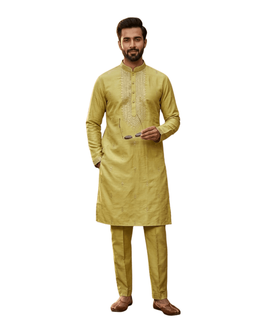 Light Olive Green - Soft Cotton Infused Mens Kurta Set with Rich Sequins Embroidery - Sangeet Mehendi Haldi - KCS3001 06KH26 - Prachy Creations
