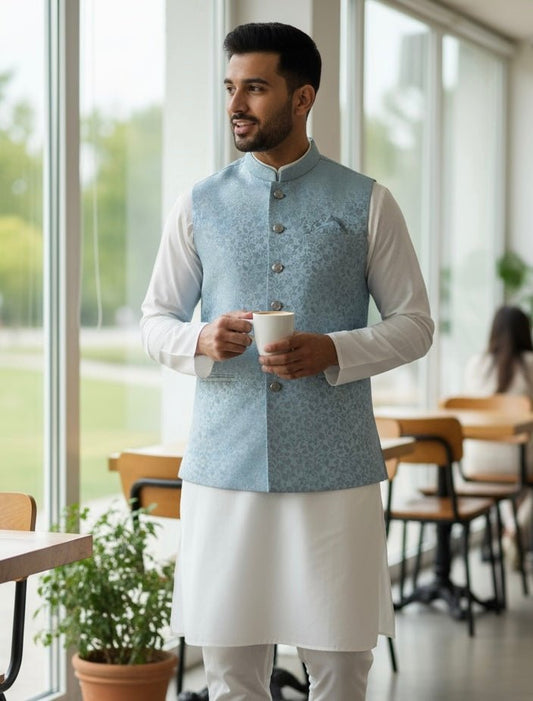 Light Pastel Blue - Banarasi Self Brocade - Premium Mens Waistcoat - VNS-JKT17 10KP25 - Prachy Creations