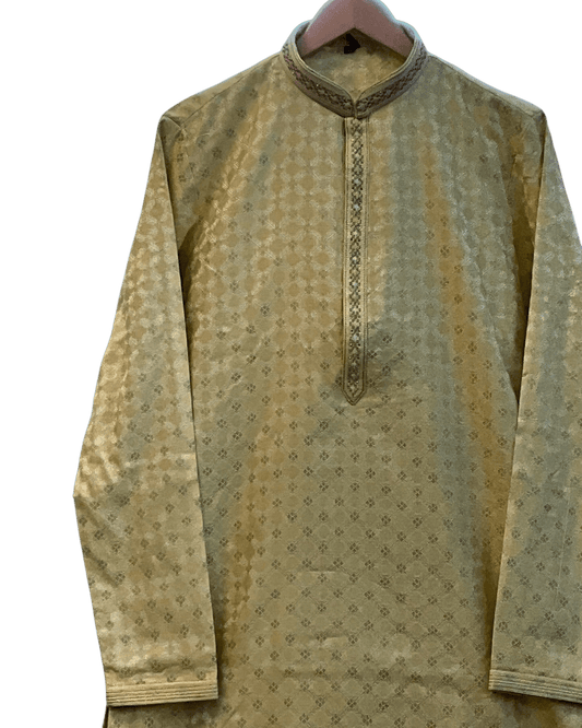 Light Pastel Yellow - Banarasi Handloom Brocade Mens Indian Kurta set with Trousers - UK Stock - Weddings / Walimas , Sangeet, Diwali, Eid, Mehndi / Henna - VEE2613 VR - Prachy Creations