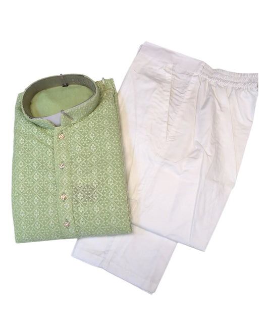 Light Pista Green - Rich Lucknowi Mens Indian Kurta set with Elasticated smart Pants - Weddings / Walimas , Sangeet, Eid, Mehndi / Henna - KCS1037 VR 0225 - Prachy Creations