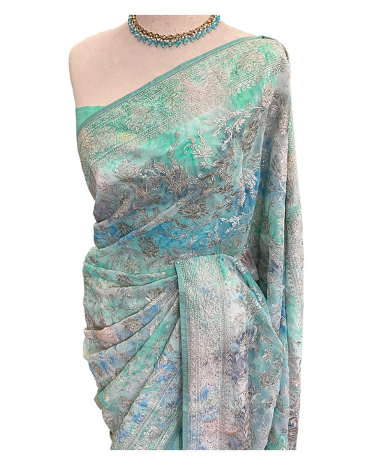Light Turquoise Blue - Fancy Embroidered Saree with Blouse Piece - UK stock - 24hr Dispatch - SP250619 VC - Prachy Creations