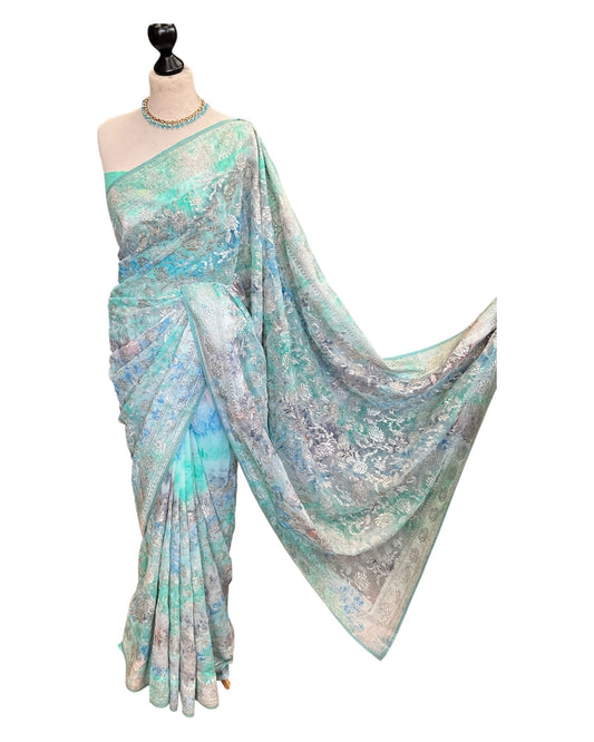 Light Turquoise Blue - Fancy Embroidered Saree with Blouse Piece - UK stock - 24hr Dispatch - SP250619 VC - Prachy Creations