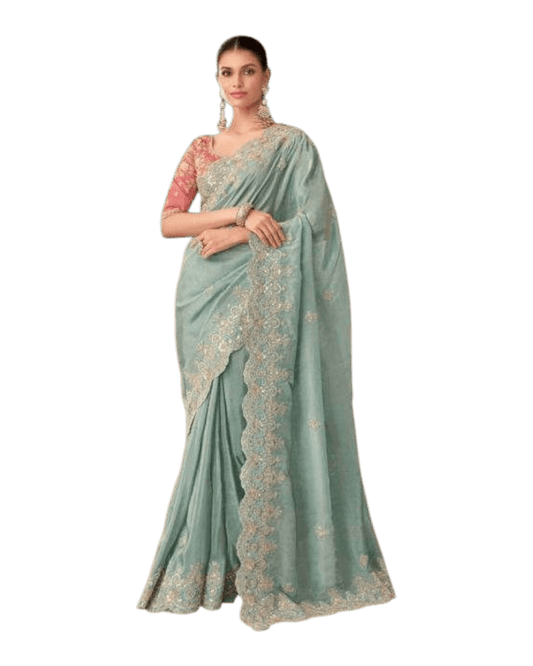 Light Turquoise Blue - Fancy Saree with contrast Blouse Piece - UK stock - 24hr Dispatch - TFH207TR - Prachy Creations
