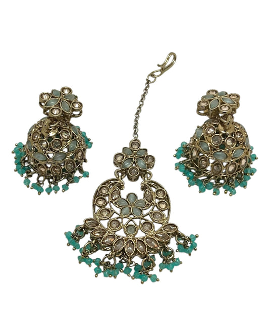 Light Turquoise Blue - Large Size Antique Gold Finish Necklace Set with Earrings & Tika (Head Piece) - UK Stock - GGA17 08KK25 - Prachy Creations