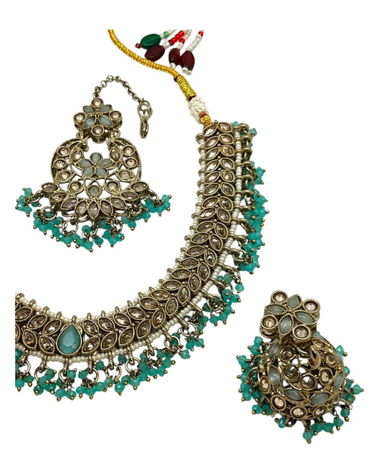 Light Turquoise Blue - Large Size Antique Gold Finish Necklace Set with Earrings & Tika (Head Piece) - UK Stock - GGA17 08KK25 - Prachy Creations