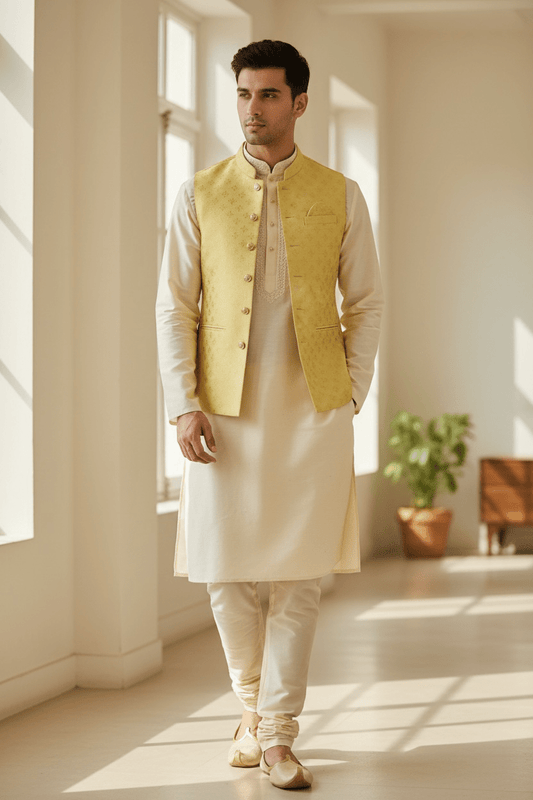 Light Yellow - Rich Brocade - Mens Traditional Waistcoat - UK Stock - VNS-JKT2601 02KV26 - Prachy Creations