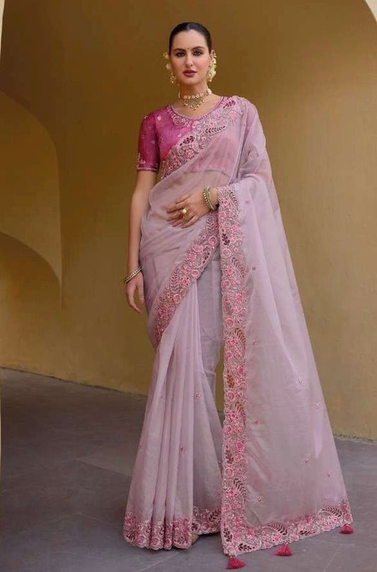 Lilac - Chiffon Saree with Fancy Ready made Blouse - TAT6905 JY 0624 - Prachy Creations
