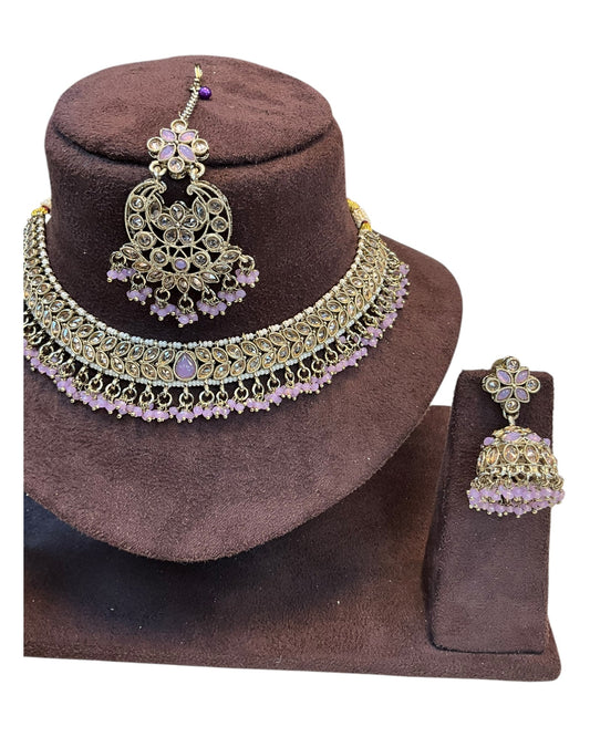 Lilac - Medium Size Antique Gold Finish Necklace Set with Earrings & Tika Head piece - GGA05 KV 0525 - Prachy Creations