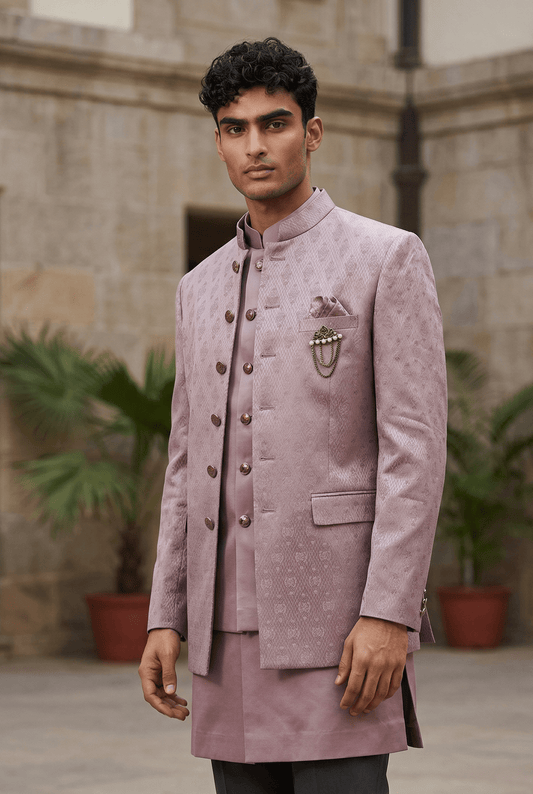 Lilac / Pink - PREMIUM Slim Fit Mens Self Brocade BandhGala / Prince / Chinese Collar Jacket with Long Waistcoat - Fantastic Fit - CS2505 01PY25 - Prachy Creations