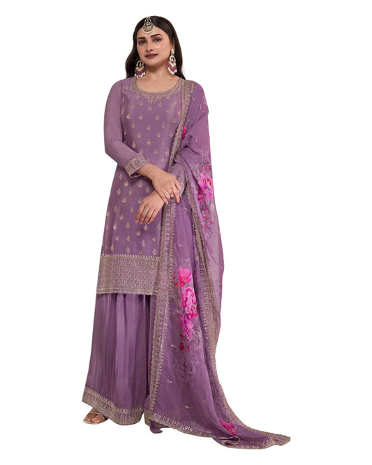 Lilac - Simple / Classy Ladies Indian Palazzo Trousers Suit with Rich Dupatta - Size 20 (46") - VF67836 TK1024 - Prachy Creations