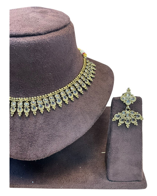 Lilac - Small Size Antique Gold Finish Necklace Set with Earrings - AE2501 A 0525 - Prachy Creations