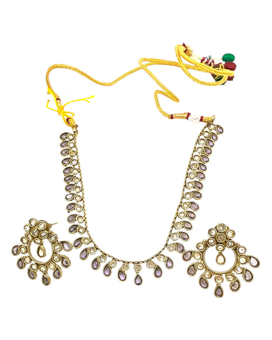 Lilac - Small Size Antique Gold Finish Necklace Set with Earrings - Bollywood - AE2519 08C25 - Prachy Creations